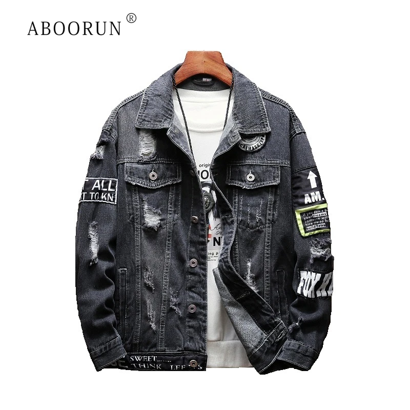 

ABOORUN Men's Hip Hop Denim Jackets Fashion Badges Broken Hole Denim Jackets Streetwear Brand Coat for Male R464