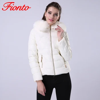 

FIONTO 2017 1 PC Winter Women Jackets Coats Solid Slim Thick Large Fur Collar Hooded short Parkas Jacket Winter Women Coat A003