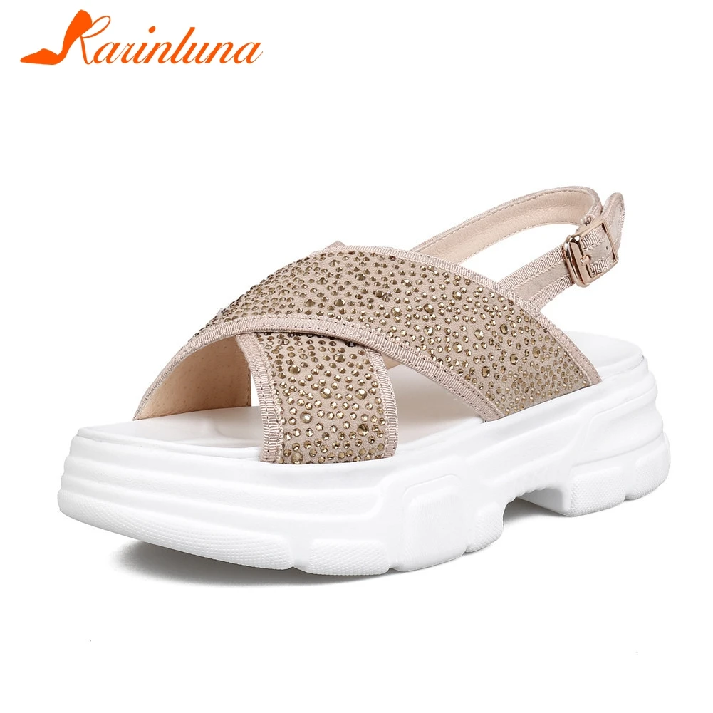 

KARINLUNA Brand New Big Size 33-40 Kid Suede Ladies Med Heels Flat Platform Crystal Women Shoes Woman Casual Summer Sandals