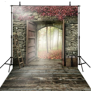 

Fairy Tale Forest Backdrops for Photography Grey Brick Wall Photo Background Cloth Wood Door Photo Booth Studio Background Cloth