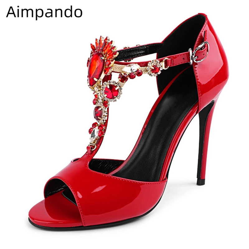 

Jeweled Rhinestone High Heel Sandalias Mujer 2019 Thin Heels Peep Toe Shiny Sexy Red Patent Leather T-strap Summer Shoes Woman