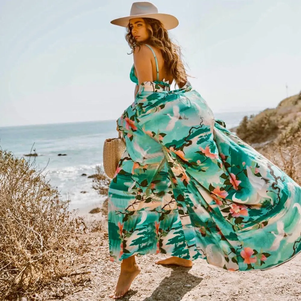 

Purple Bohemian Printed Mid-Calf Length Women Summer Beach Wear Kimono Cardigan Plus Size Top Sexy Chiffon Blouse pareo