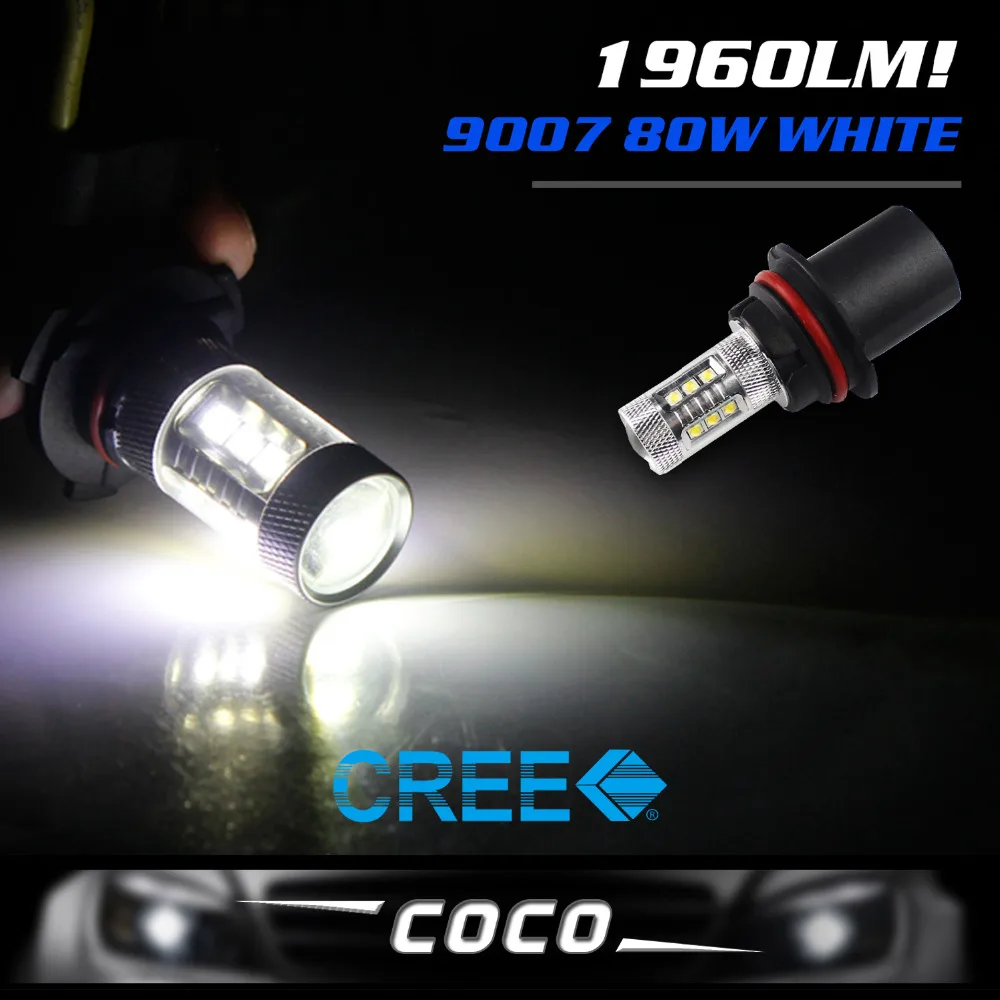

1PC 1960LM 80W 9007 HB5 Bulbs White Chip LED Fog lights Front Turn Signal Lamp Driving Daytime Running Light Projector Lens