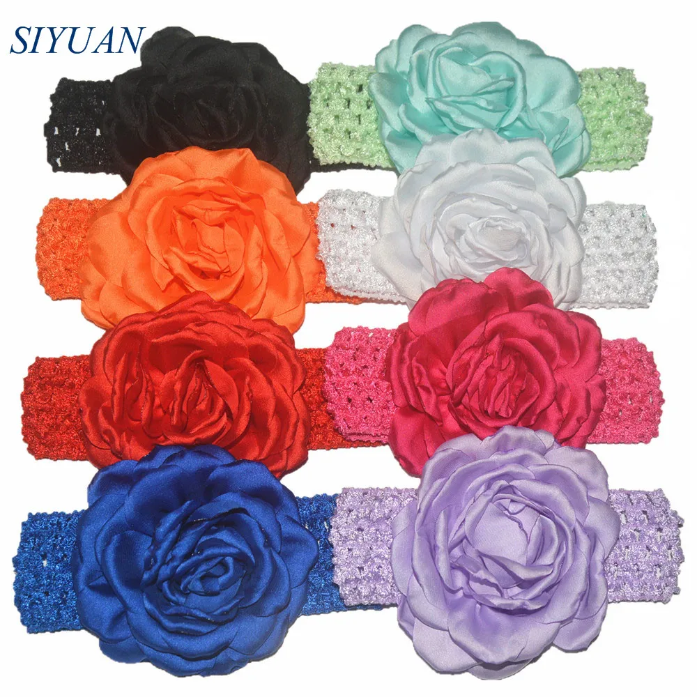 

54pcs/lot Hair Accessories Crochet Elastic Headband with Large Satin Burned Flower Kids Baptism Shower Headwear HB016