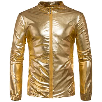 

Metallic Coated Jacket Men 2019 Brand New Night Club Zipper Jackets Men Shiny Night Club Wear Lightweight Mens Jackets and Coats