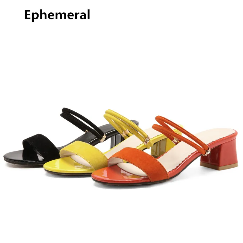 

Ladies Sandals and Slippers Back Strap 2 Wearing Way Flock Shoes Med Heel Summer Slides Orange Yellow Black Super Plus Size 52 3