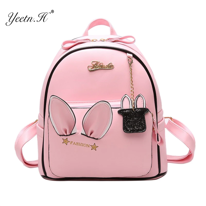 

Yeetn.H Cute Ears Backpack Women PU Leather Backpacks For Teenage Girls School Bags Female Solid Korean Travel Rabbit Bag Y4076