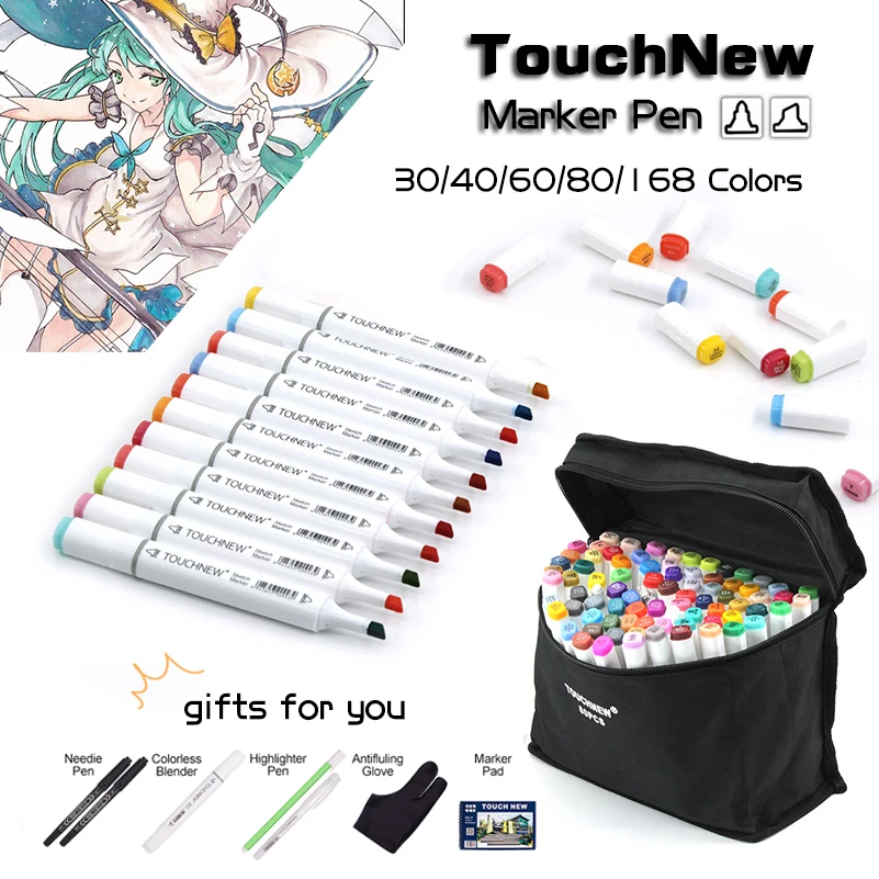 Kaufen Beruf Kunst Marker TOUCHNEW Marker Set 30 40 60 80 168 Set Doppel Headed Marker Künstler Für Draw Manga Kalligraphie Pinsel Stift