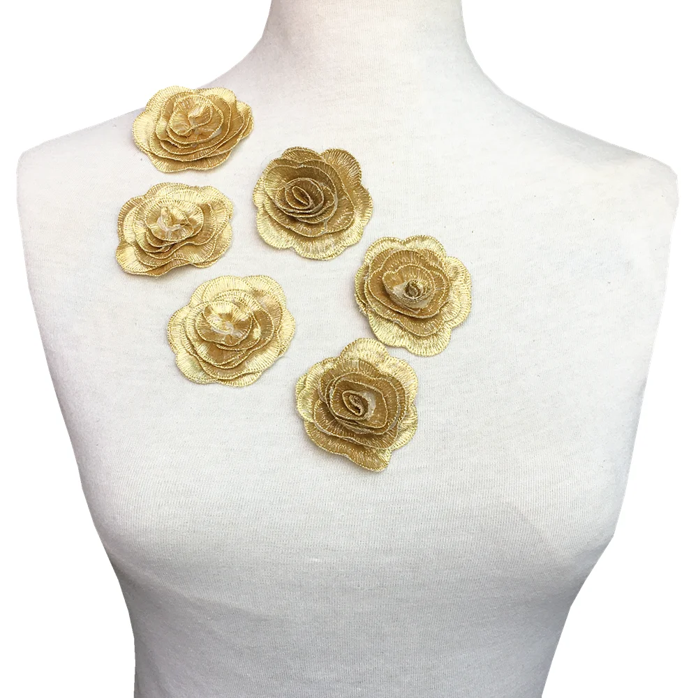 

20pc 3D Flower Applique Sew On Rose Embroidery Patch Gold Patches For Clothing Parches Ropa Sewing Accessories AC1424