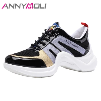

ANNYMOLI Summer Shoes For Women Natural Leather Flat Platform Shoes Lace Up Round Toe Spring Female Casual Flats Bleck Size 40