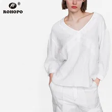 ROHOPO Lace Neckline Cotton Long Sleeve Blouse Women Autumn Top Shirt Pullover White Blouse Embroidery Vintage Blouse #AZ9298 v neckline fluted sleeve gingham top