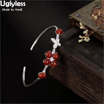 

Uglyless Solid 925 Sterling Silver Clover Bangles for Women Red Agate Flower Open Bangles Glossy Gemstones Bracelet Fine Jewelry