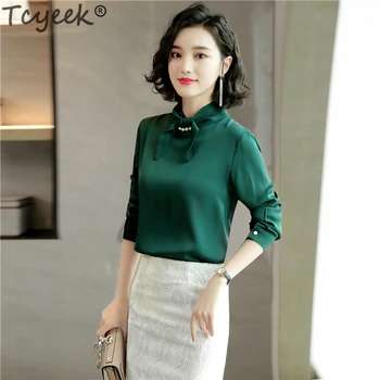 

Elegant Womens Tops and Blouses Real Silk Shirt Spring Autumn Clothes Koreal Ladies Office Wear Blouse Blusas WW017
