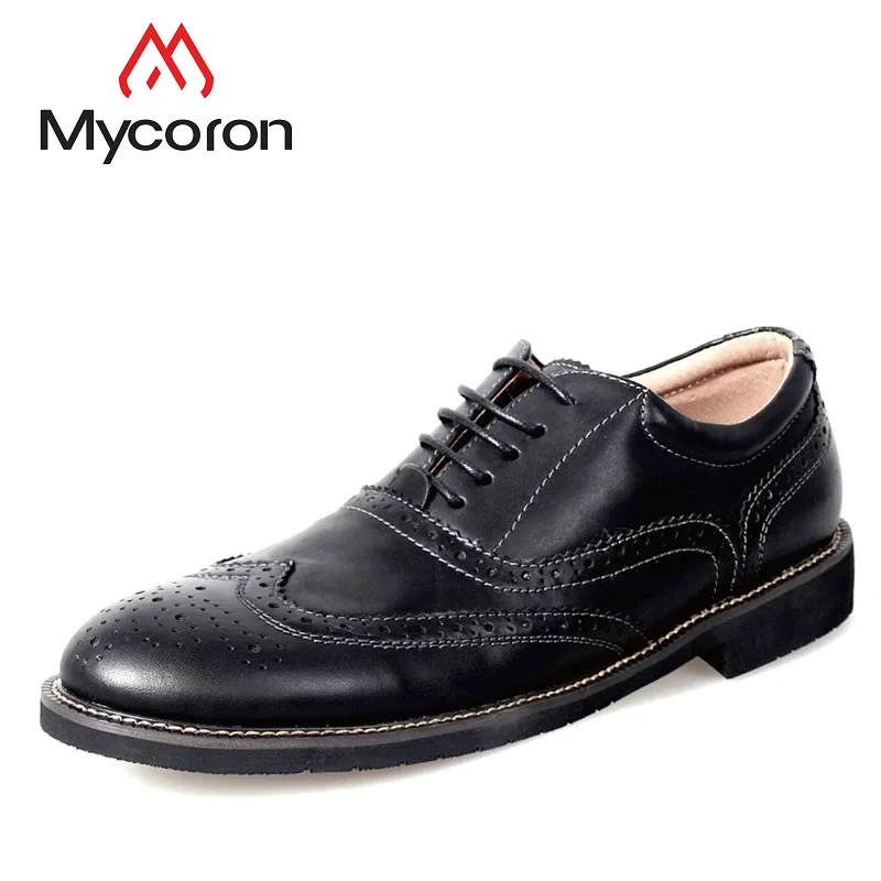

Mycoron 2018 Men Black Luxury Fashion Genuine Cow Leather Mens Lace Up Round Toe Dress Shoes Male Brogues Male Wedding Shoes