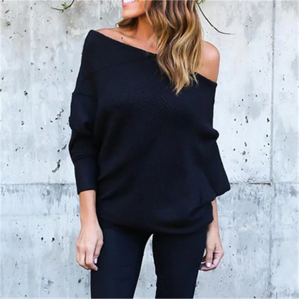 Off Shoulder Sweater Woman Sexy Knitted Tops Batwing Sleeve Pullover Sweaters Fashion 2019 Women Clothes Black White Casual Tops