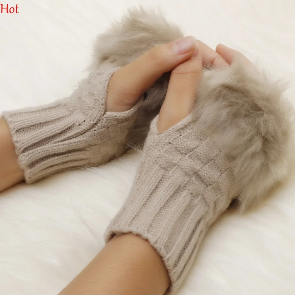Fashion Winter Arm Warmer Fingerless Gloves Knitted Fur Trim Gloves