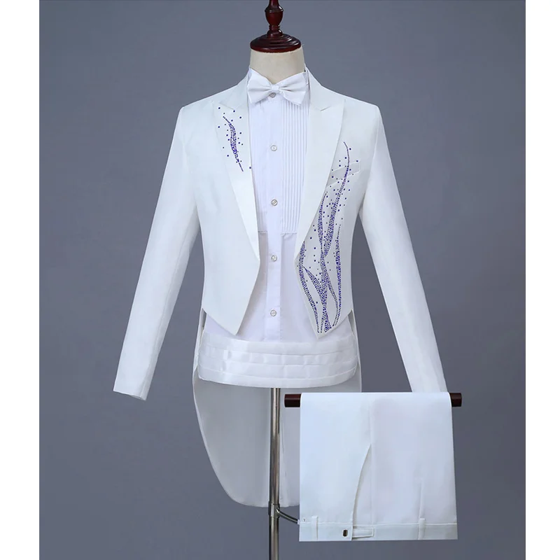 Мужские белые костюмы из 2 предметов, свадебные смокинги для жениха, мужские вечерние костюмы для музыкальных выступлений с брюками, одежда для певицы 4XL - Цвет: white royal blue