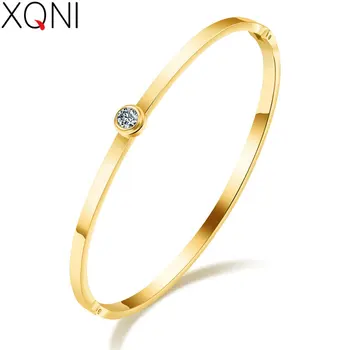 

XQNI Simple Design Inlaid Cubic Zircon Round Circle Bangle For Women 3 Colors Stainless Steel OL Style Birthday Party Present