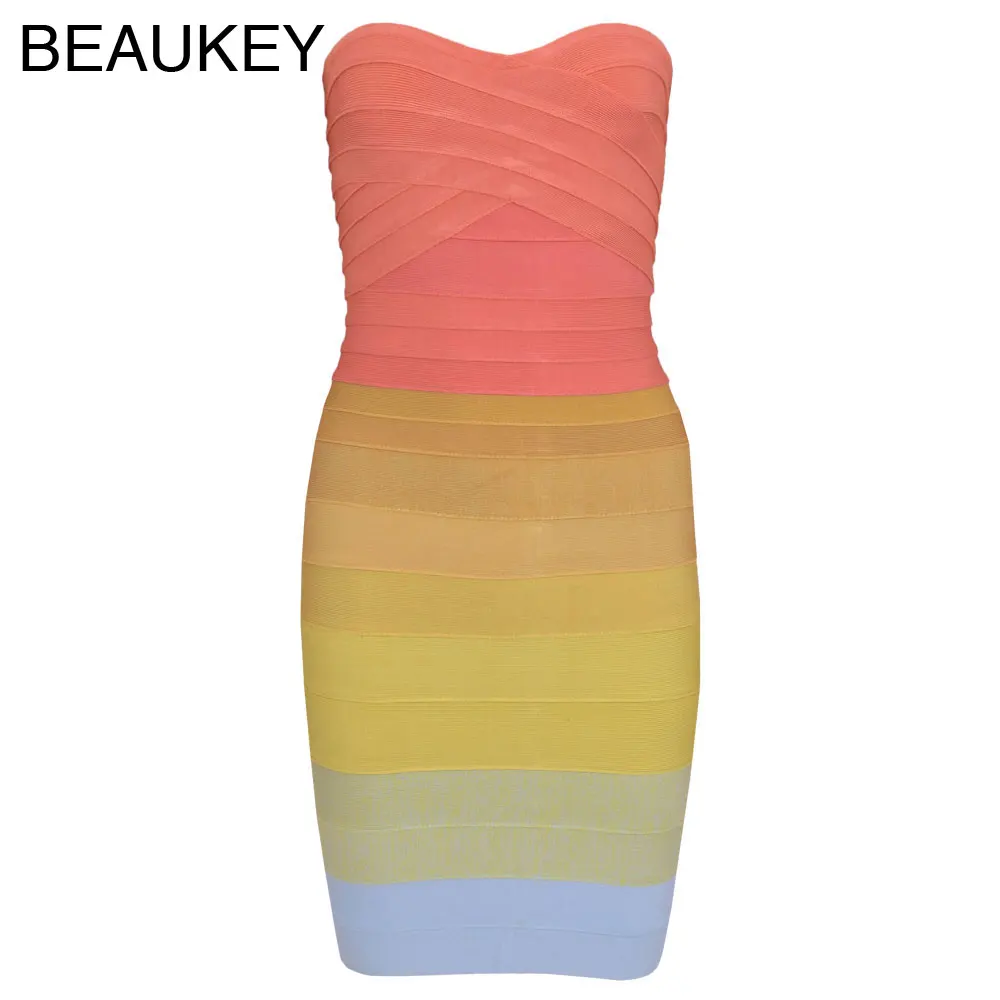 

Rainbow Gradient Strapless Sweetheart 2015 Sexy Women Elastic Knitted Multi Color Mini Ombre Bodycon Bandage Dress