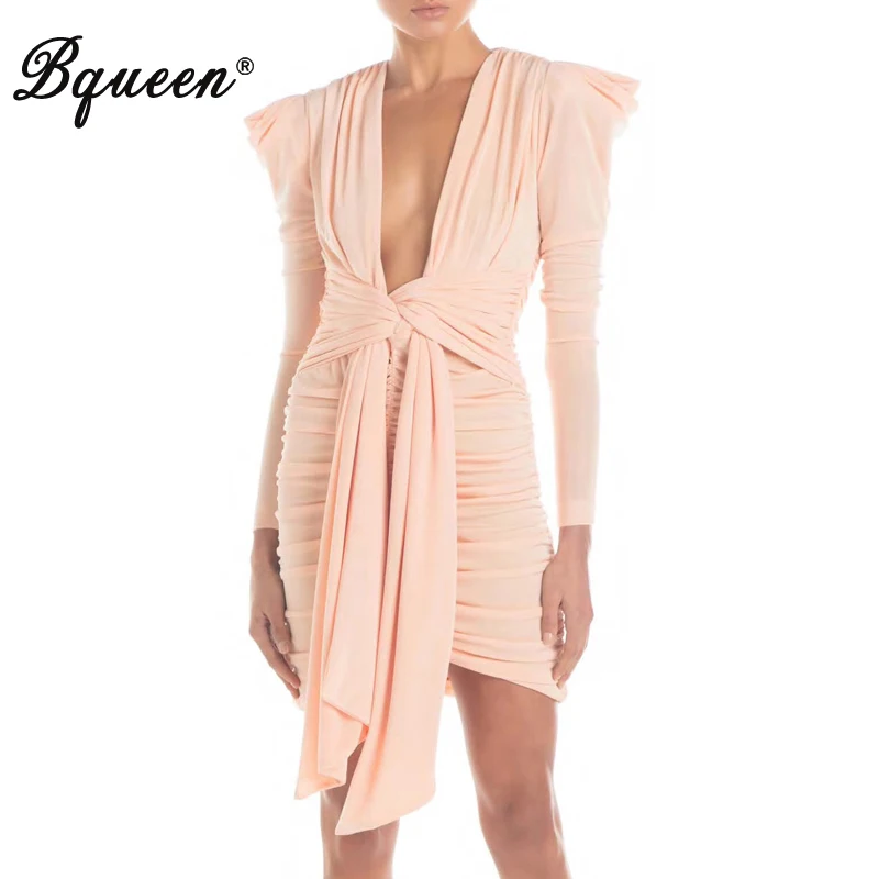 

Bqueen 2019 Fashion Vestidos Women New Deep V Draped Lace Up Long Sleeve Bodycon Belt Sexy Party Club Mini Dress