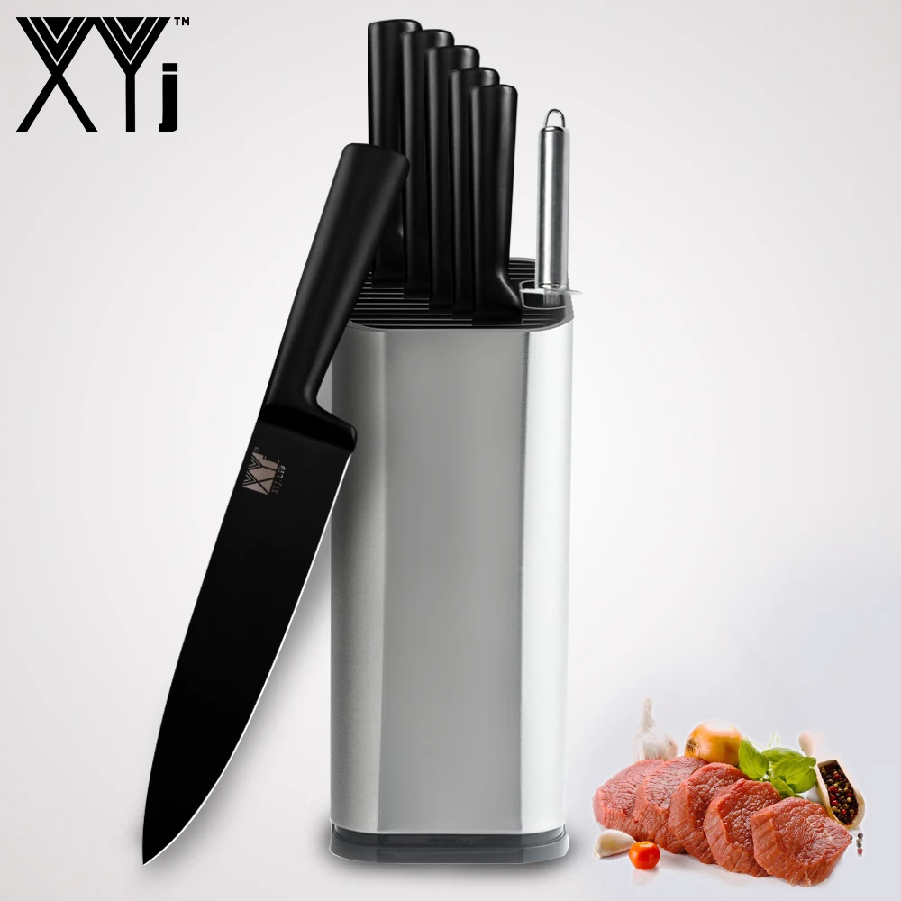

XYj Stainless Steel Kitchen Knife Sharp Black Fruit Utility Santoku Chef Slicing Bread Knife Sharpener Bar Knfie Holder Stand