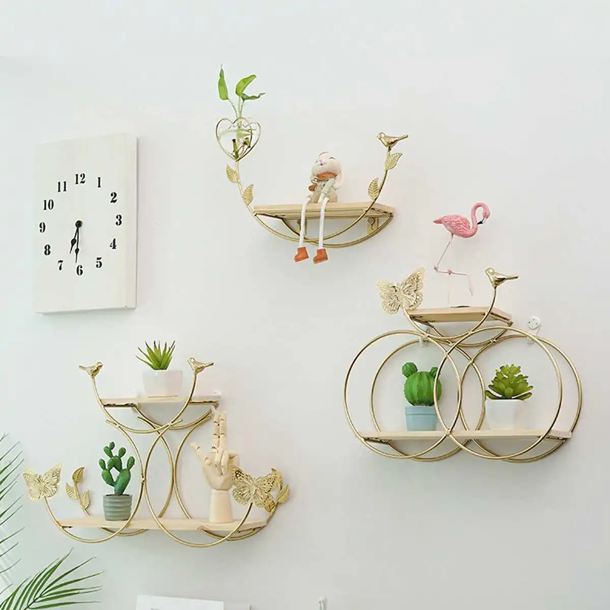 

Gold Metal Iron Wall Shelf Home Wall Hanging Decor Storage Rack Shelf Double Layer Book Crafts Shelves Vase Ornament Holder Rack