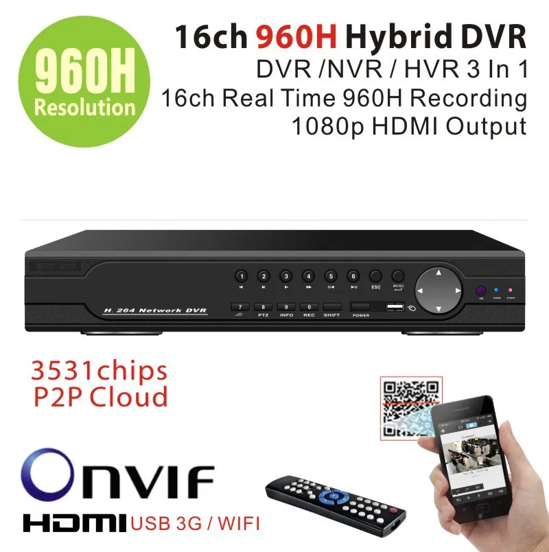 16channel Full 960H D1 Real time Recording playback 16ch Hybrid dvr NVR for 1080P security ip camera CCTV DVR Recorder 3531chips