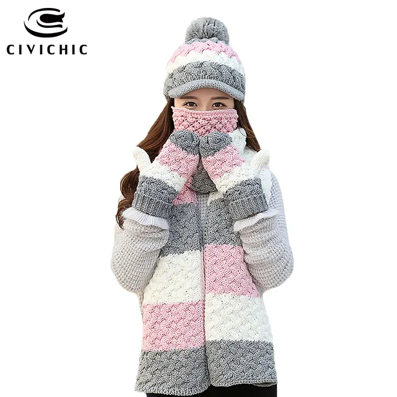 

CIVICHIC Korean Style Warm Set Lady Crochet Winter Scarf Hat Glove Mask 4 Pcs Cute Pompon Cap Thicken Mittens Stripe Shawl SH188