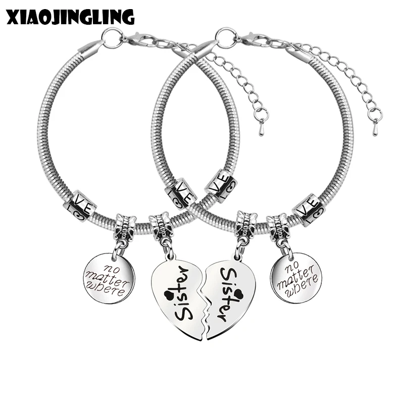 

XIAOJINGLING 2pcs Broken Heart Bracelets & Bangles Stainless Steel Pendant Bracelet no matter where Friendship Sisters Jewelry