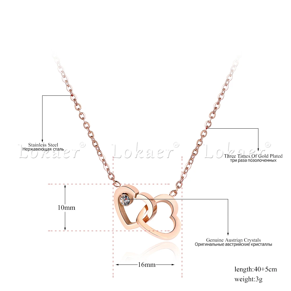 Цепочка с двойным сердцем Lokaer N18058 женская ожерелье из кубического циркония и