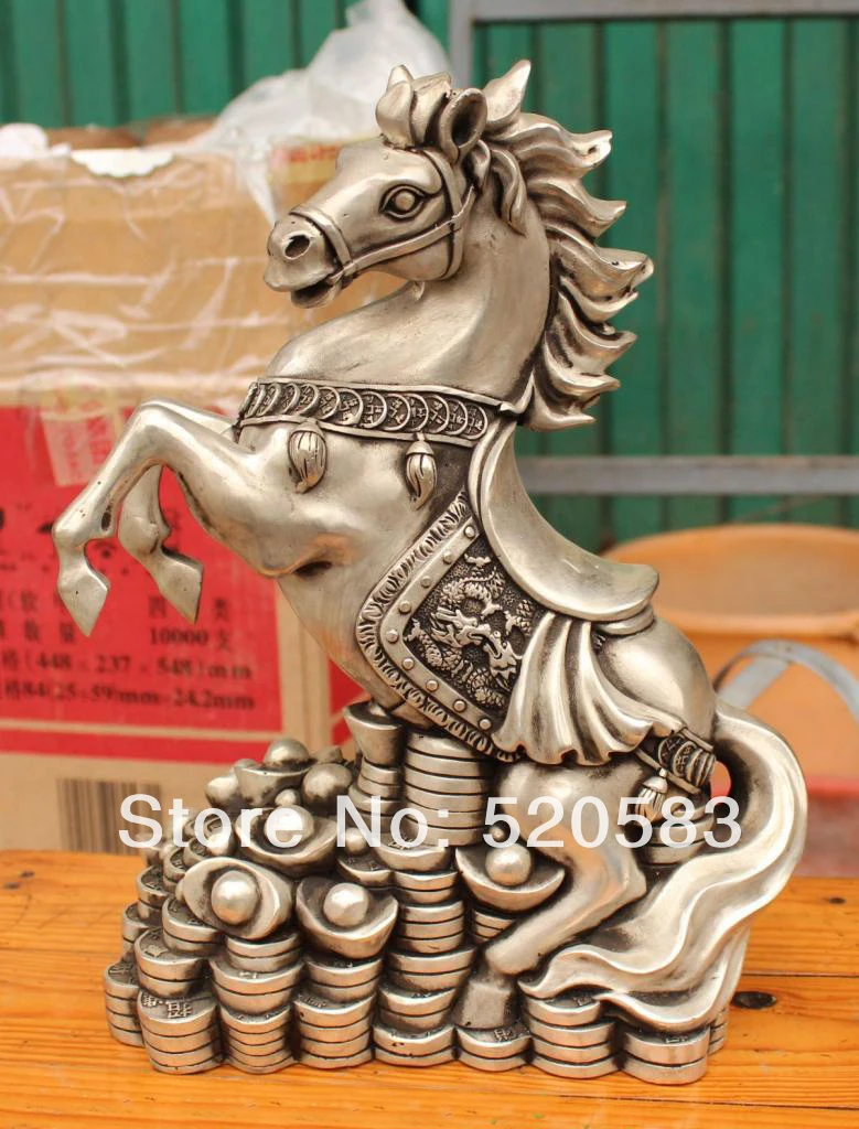 

Chinese Silver Wealth YuanBao Money Tree Dragon Sucessful Running Horse Statue