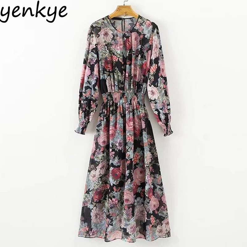 

Vintage Women Floral Printed Midi Dress Long Sleeve Elastic Waist 2pcs Chiffon Casual Dresses Autumn vestidos XDWM797