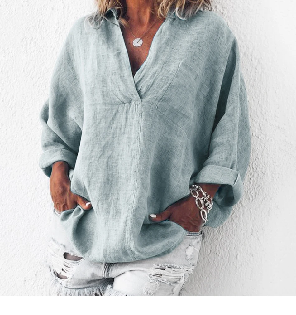 Loose Cotton Linen Female Tunic Casual Long Sleeve Plus Size Shirt Blouse Autumn Turn Down Collar Pocket Womens Tops And Blouses