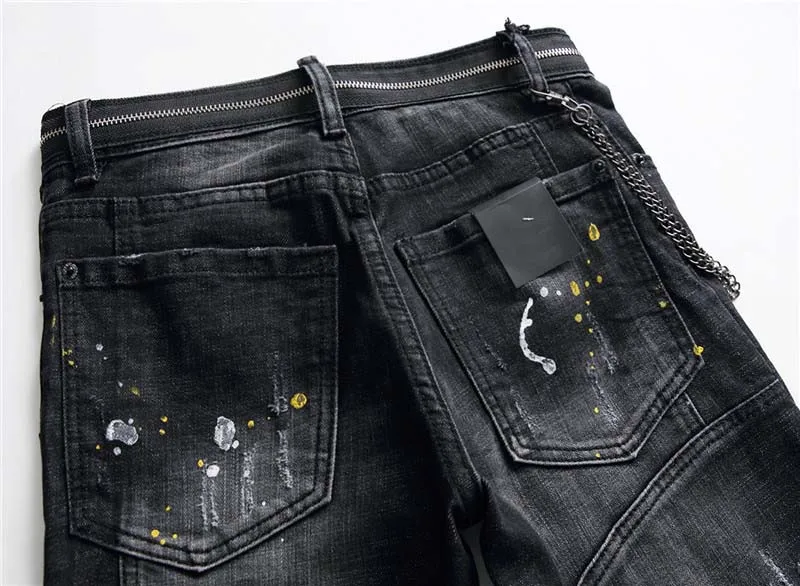 Mcikkny Fashion Pleated Distressed Denim Jeans Trousers Washed Slim Straight Jeans Pants Patchwork Streetwear For Male  (6)