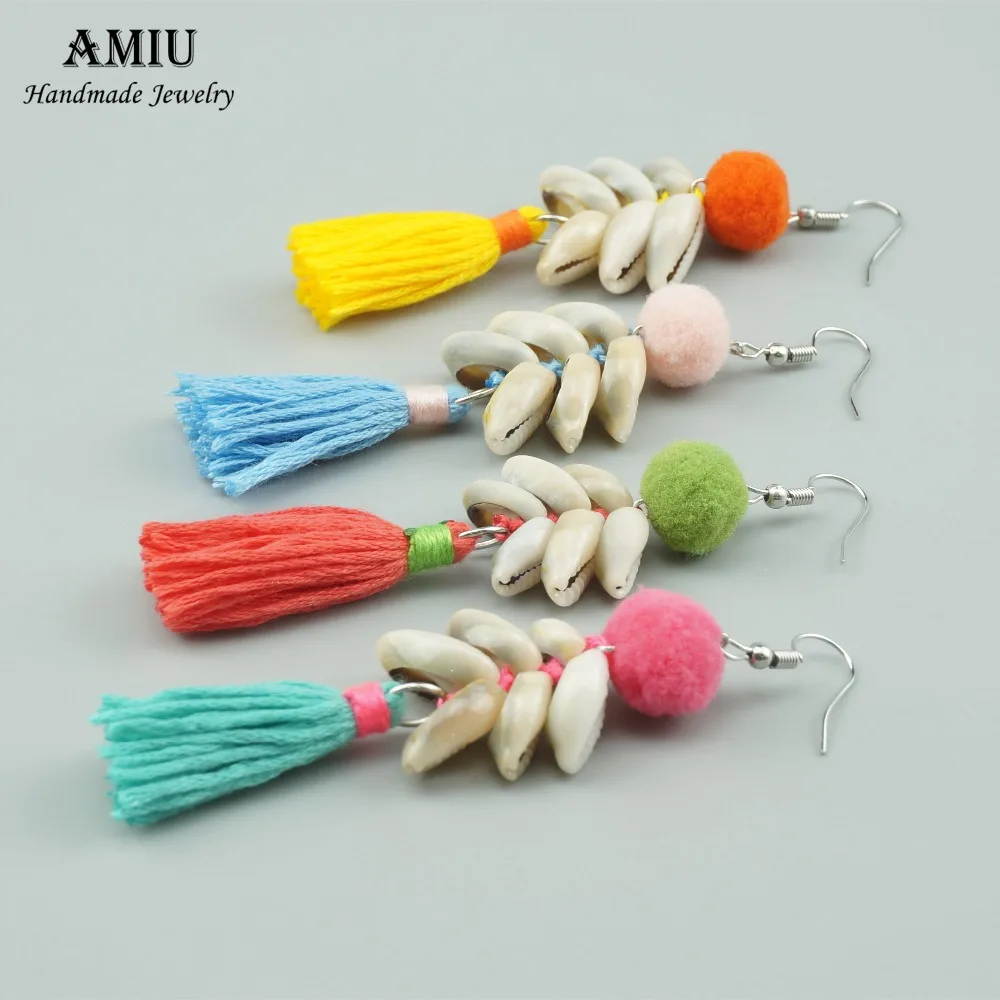 

AMIU 2019 Shell Tassel Pompom Earring Bohemian Style Women Fashion Charm Colorful Jewelry Design Tassel Conchiglie Boho Earring