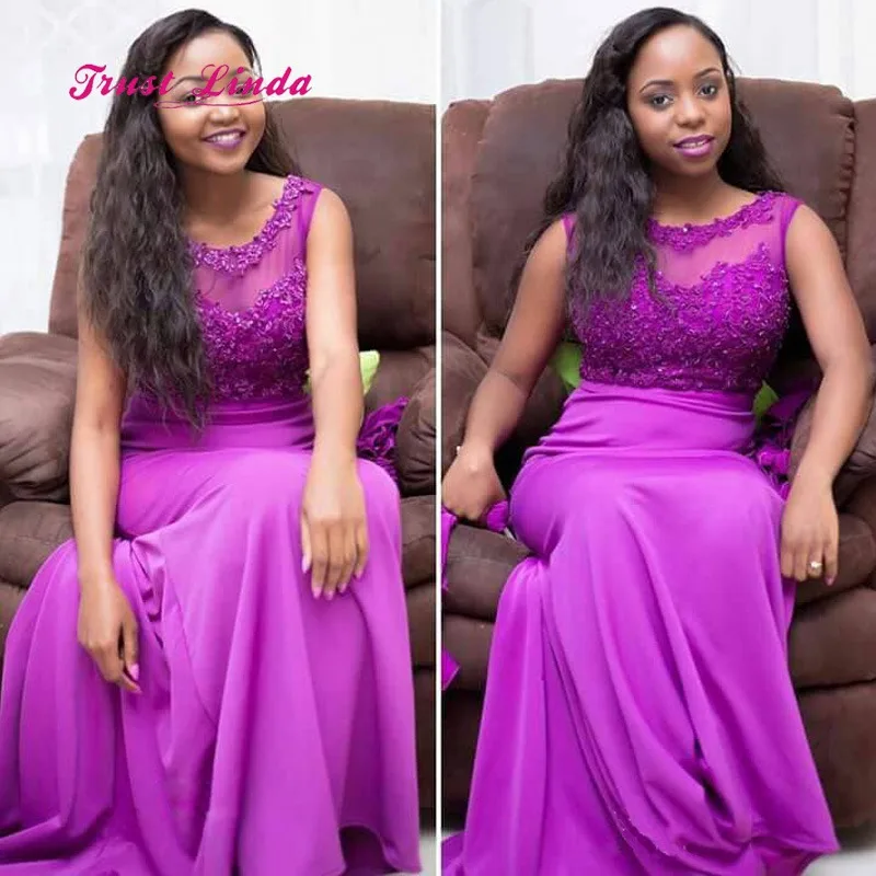 

Bruidsmeisjes Jurk Women Maid Of Honor Dresses For Weddings Illusion Neck Floor Length Appliques Purple Bridesmaid Dress