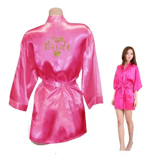 Kimono Robe Faux Silk Women Wedding Preparewear Bride Team Heart Golden Glitter Print Robes Bachelorette Pajamas