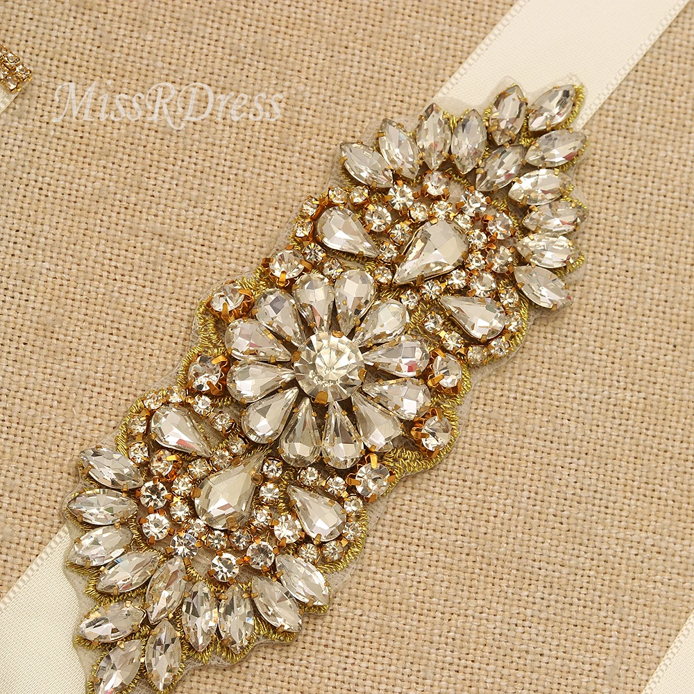 

MissRDress Hand Beaded Wedding Belt Stain Crystal Bridal Sash Gold Rhinestone Bridal Belt Sash For Wedding Dresses JK887