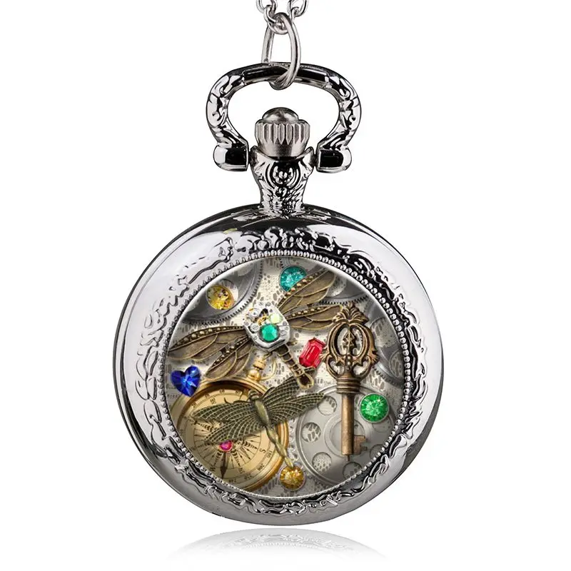 

New Fashion Silver Handsome Steam Dragonfly Case Quartz Pocket Watch Analog Pendant Necklace Mens Womens Gifts