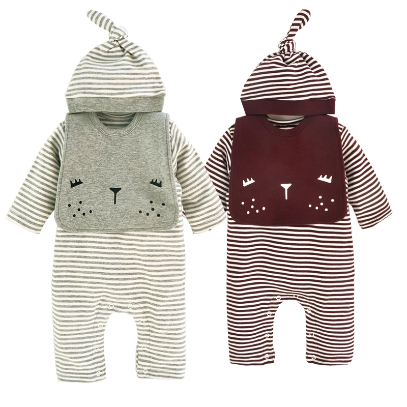 3Pcs/Set New Spring Newborn Baby Girls Boys Infant Warm Striped Romper+Bibs+Hat Cute Jumpsuit Playsuit Clothes Bebes Outfits