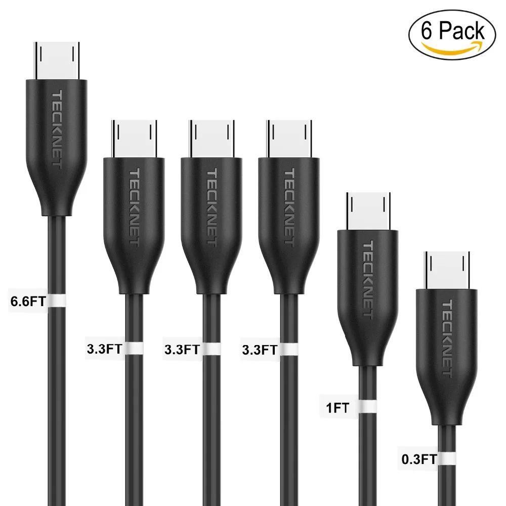 Микро-usb кабель TeckNet ультра прочный [6-Pack] разной длины(0,1 м, 0,3 м, 1 м X3 и 2 м) высокоскоростной кабель для синхронизации и быстрой зарядки