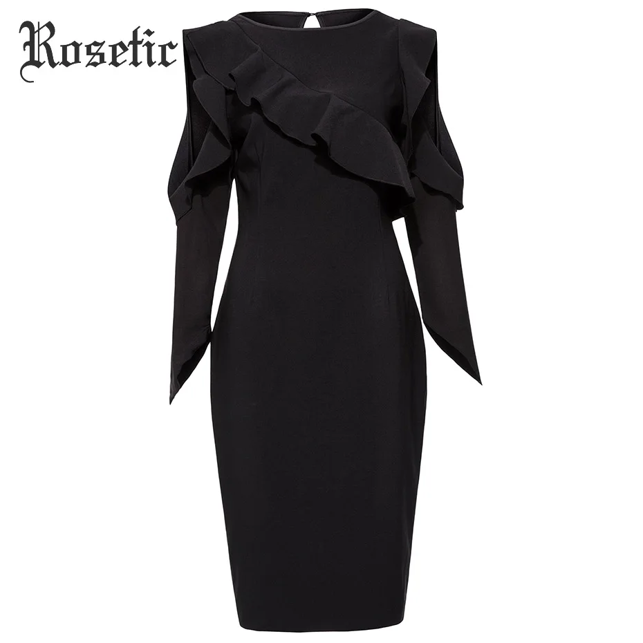 

Rosetic Gothic Bodycon Dress Black Women Autumn Falbala Hollow Patchwork Dress Lady Office Fashion Sexy Elegant Party Goth Dress