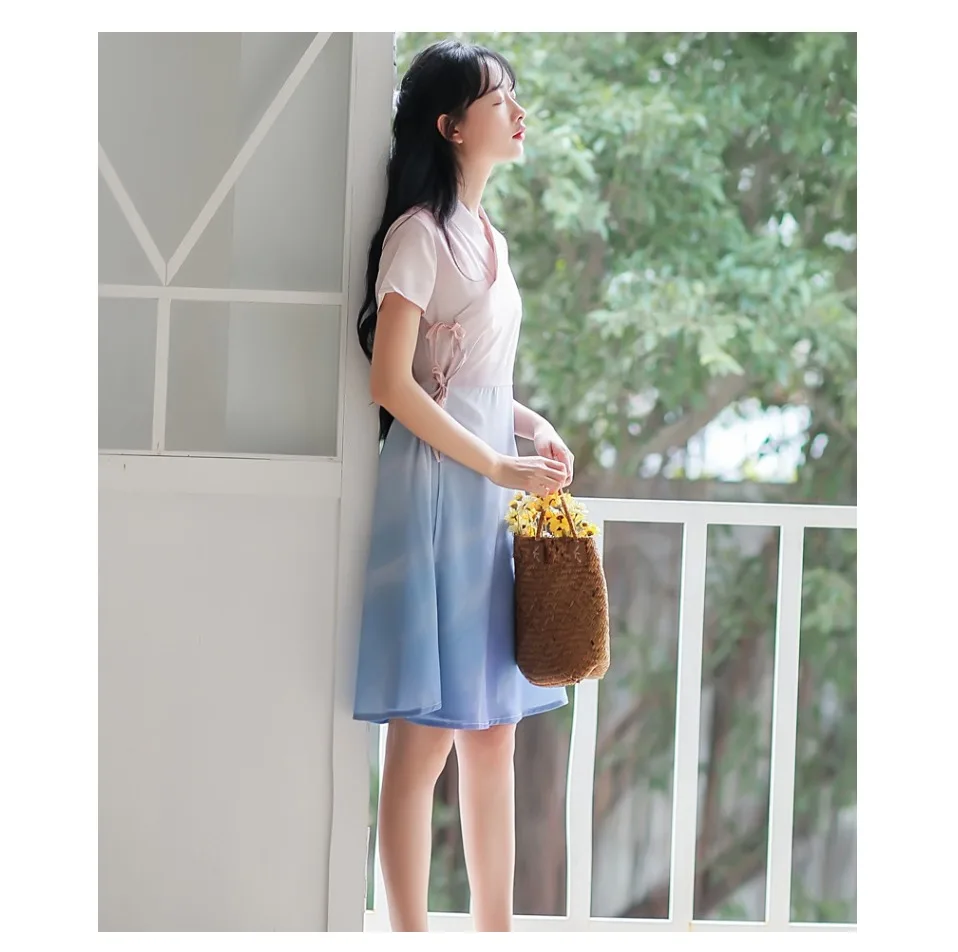 Pink Blue gradual change Print dress Retro Young girl student short sleeve dresses vestidos summer A-Line dress women