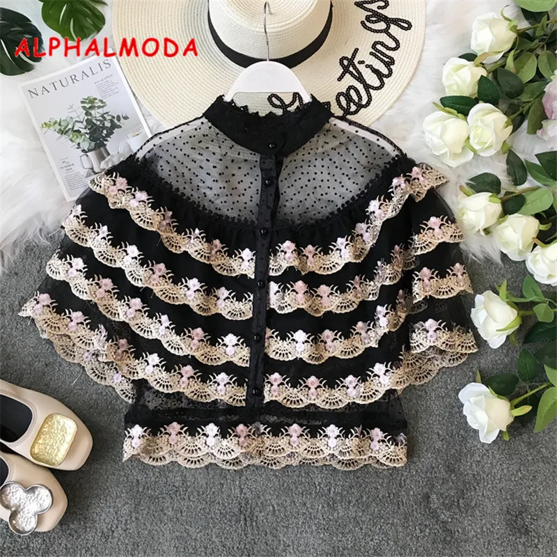 

ALPHALMODA 2019 Summer French Retro Sweet Princess Lace Blouses Multi-Layer Embroidered Floral Ruffled Short-sleeved Vintage Top