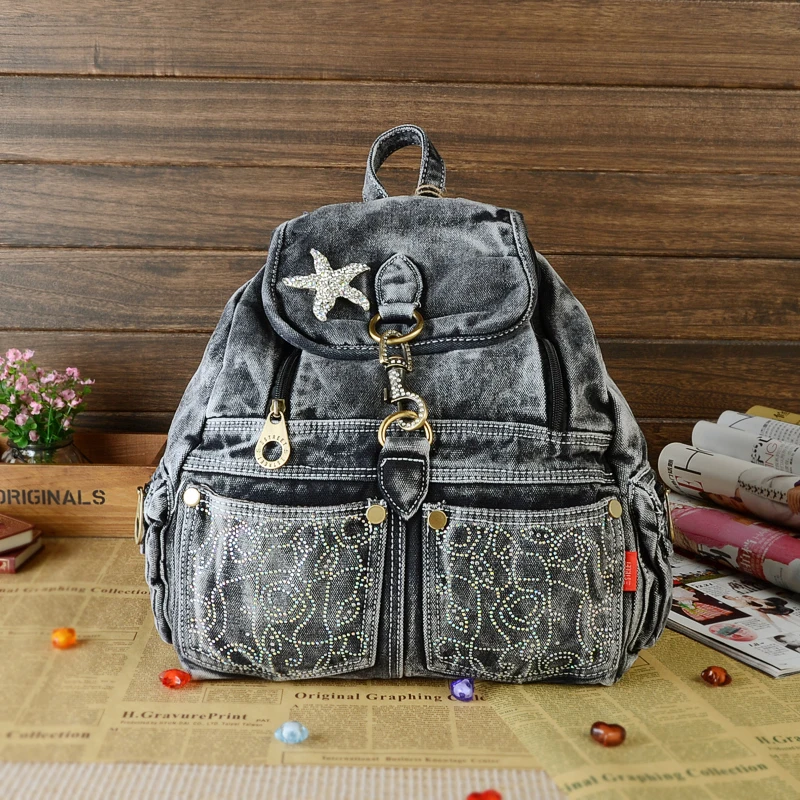 New Vintage Fashion Elegant Rhinestone Star Denim Jeans Women Girl's Travel Daypack Backpacks Totes School Bag