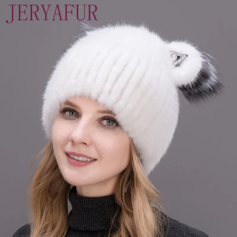 JERYAFUR Winter Women's Mink Hat Vertical Weaving Hat Genuine Natural Fox Mink Fur Cap Lovely Cat Ears Style Hats 3