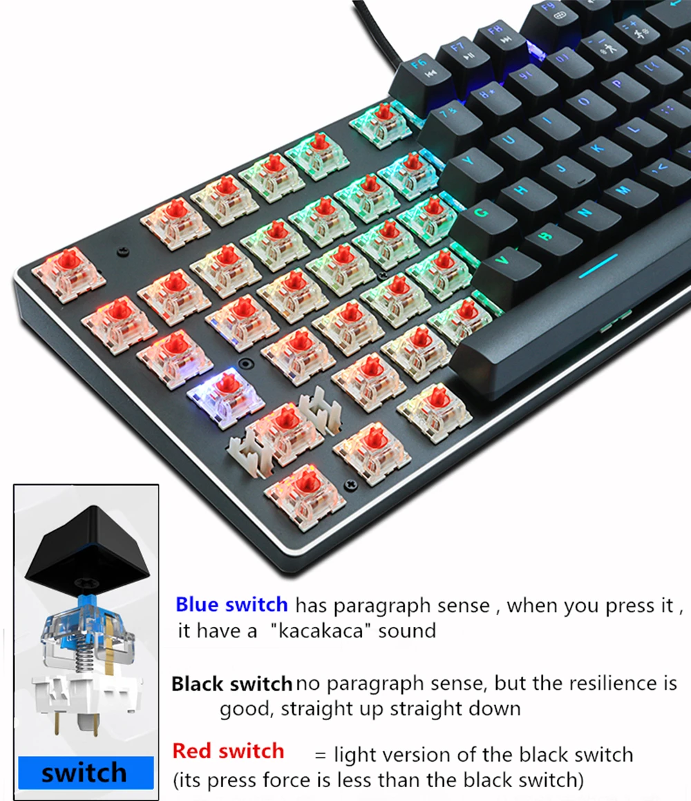 Игровая механическая клавиатура, мышь, анти-ореолы, синий, красный, переключатель, проводной, USB светодиодный, для геймера, ПК, ноутбука, 87key, RGB/Mix, клавиатура с подсветкой