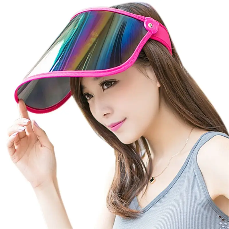 Женская летняя Пустая Шляпа с солнцезащитным козырьком, радужная пластиковая панель, УФ-защита, регулируемый угол, Большие широкие поля, мотоциклетная пляжная кепка - Цвет: hot pink