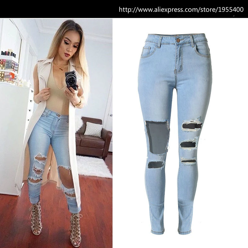 High Waist Light Blue Skinny Jeans Women Fashion Hole Hollow Out Ripped Jeans Femme High Street Style Push Up Slim Denim Pants Denim Style Fashion Denimlight Blue Skinny Jeans Aliexpress