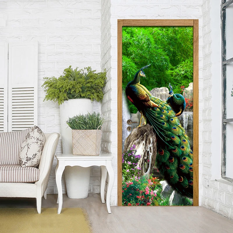 3D Photo Wallpaper Rockery Waterfall Peacock Background Living Room Study Bedroom Door Sticker PVC Mural Wallpaper Wall Painting